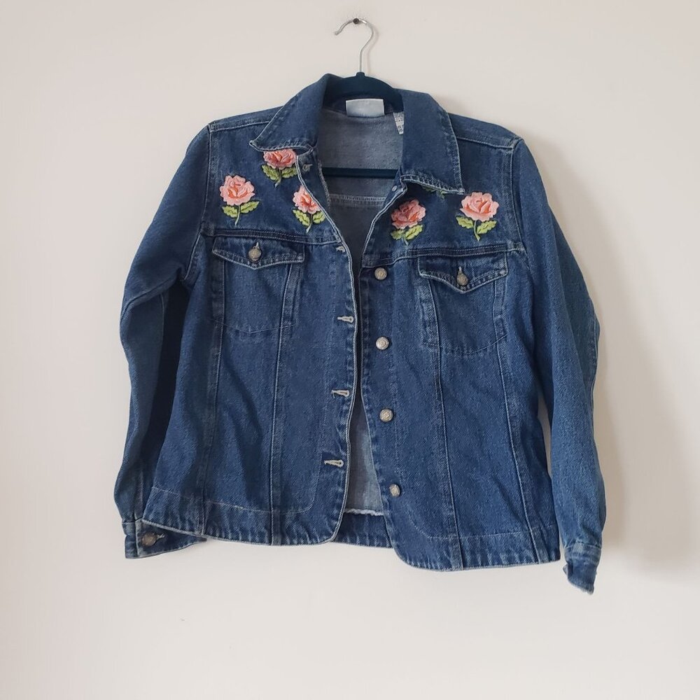 Vintage Bill Blass Womens Petite Denim Floral‎ Embroidery Jean Jacket Size Small